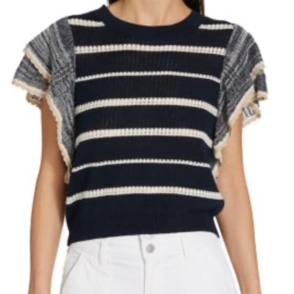 Veronica Beard the Paz linen cotton navy and cream striped sweater top. - Picture 1 of 7